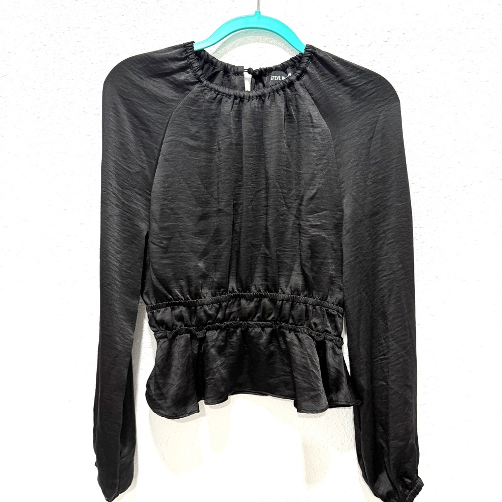 Steve Madden Black pyper ruched satin Peplum Blouse S